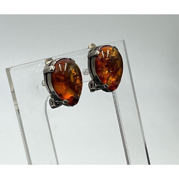 Sterling Silver 925 Prong Teardrop Shape Glowing Amber Stud Clip On Earrings - Picture 2 of 13